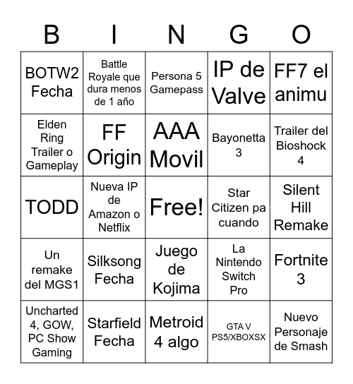 Apuestas de E3 hecho por MisterJESA. Bingo Card