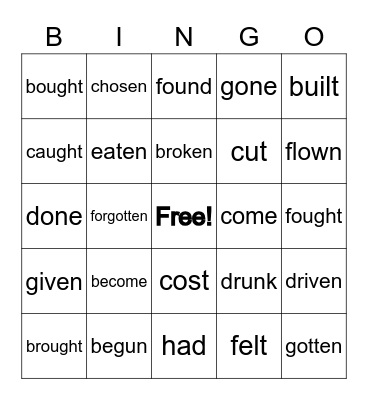 Irregular verbs - Past Participle Bingo Card