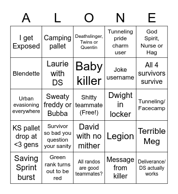 Dead by daylight Bingo Card