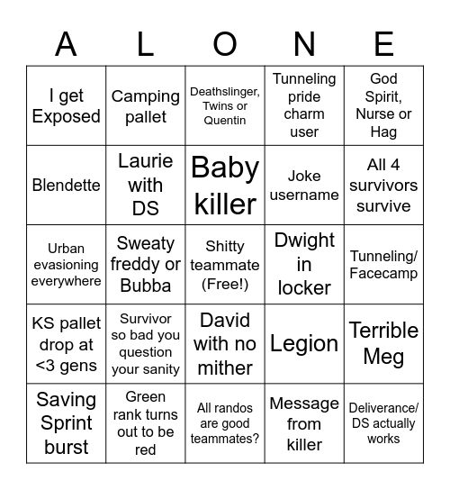 Dead by daylight Bingo Card