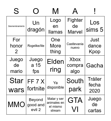 La fiesta del videojuego Bingo Card