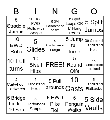 Gymnastics Skills Bingo Card