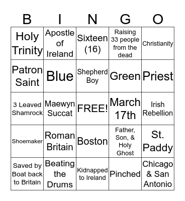 IRISH Bingo Card