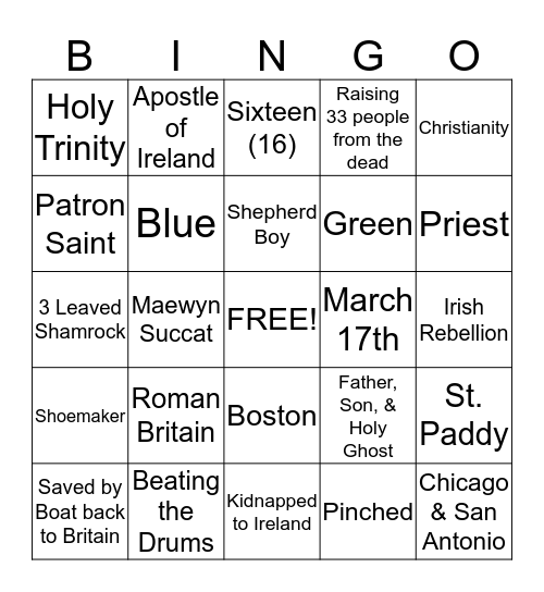 IRISH Bingo Card