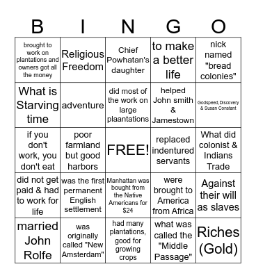 Colonies Part 1 Bingo Card
