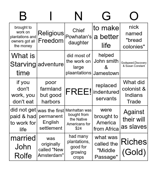 Colonies Part 1 Bingo Card