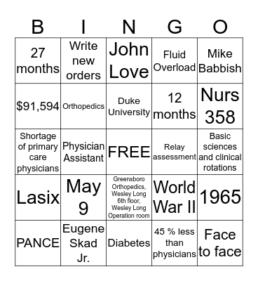Physician Assistant Bingo Card