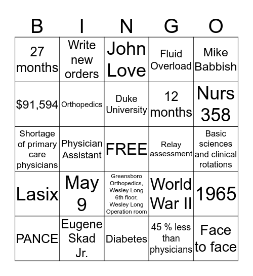 Physician Assistant Bingo Card