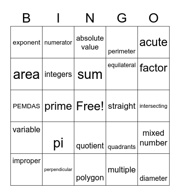 Math Vocabulary Bingo Card