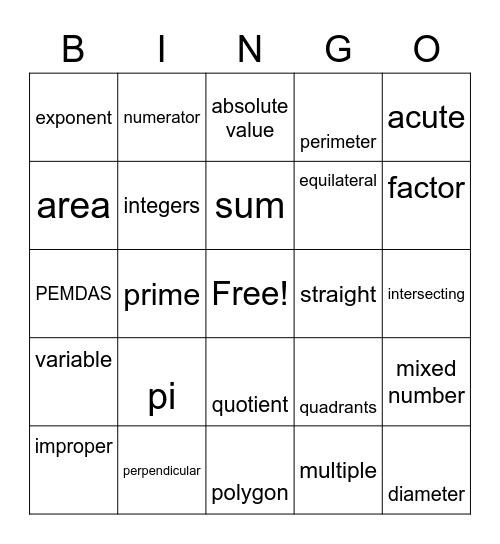 Math Vocabulary Bingo Card