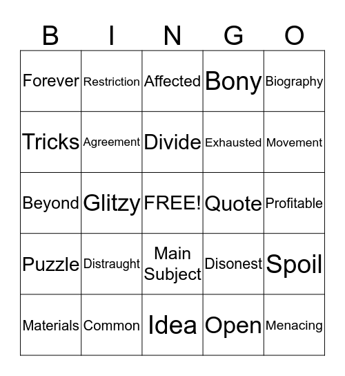 Vocab Synonym Bingo Card