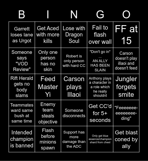 Sampletext League of Legends Bingo Card