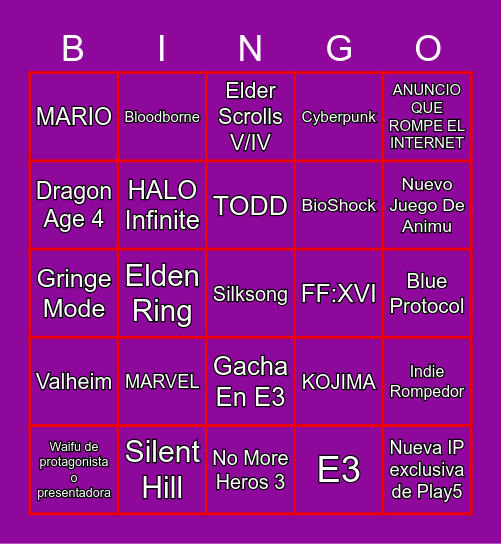 E3 2021 Bingo Card