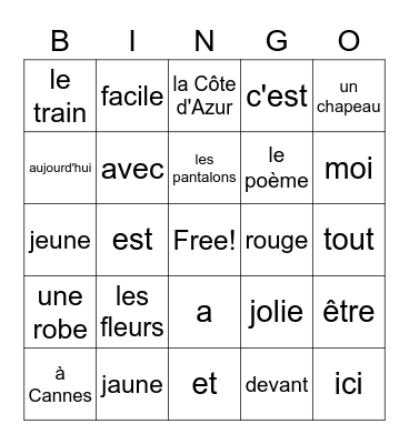 French 8 - Le poème Bingo Card