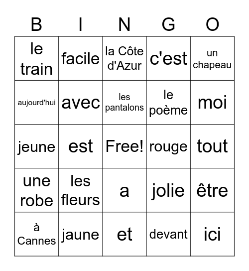 French 8 - Le poème Bingo Card