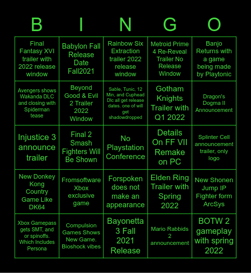 E3 2021 Bingo Card