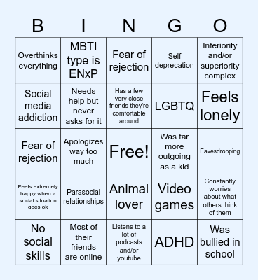 Socially anxious extrovert bingo Card