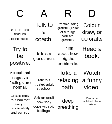 Comfort, Ask, Relax, and Distract Bingo Card