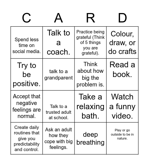 Comfort, Ask, Relax, and Distract Bingo Card