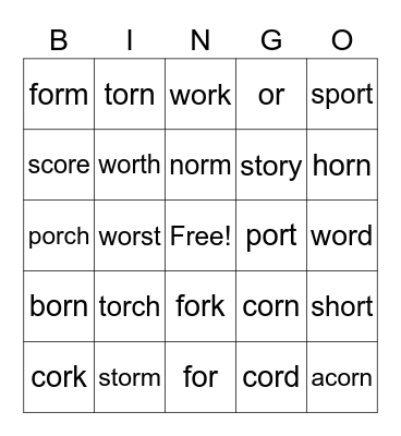 R-controlled vowel words Bingo Card