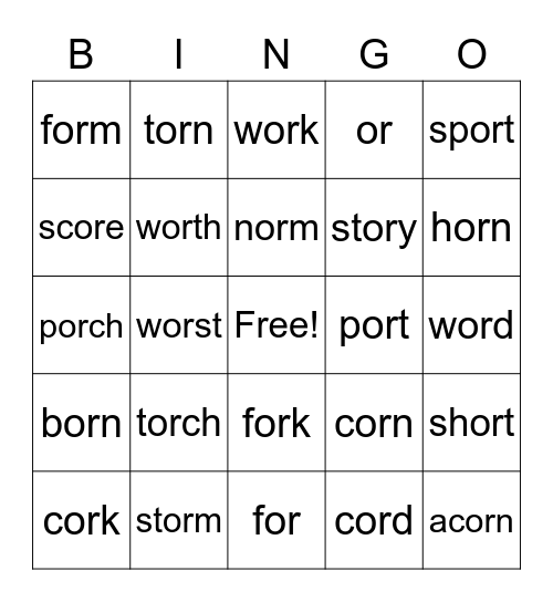 R-controlled vowel words Bingo Card