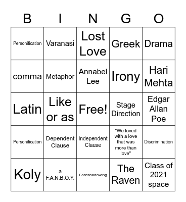 ELA Exam Review Bingo Card