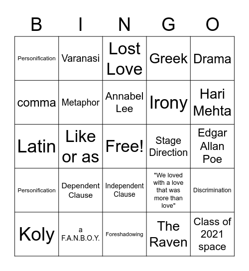 ELA Exam Review Bingo Card