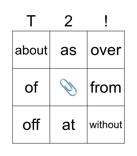 Prepositions Bingo! Bingo Card