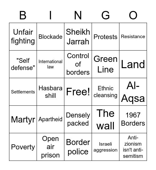 Liberate Palestine Bingo Card