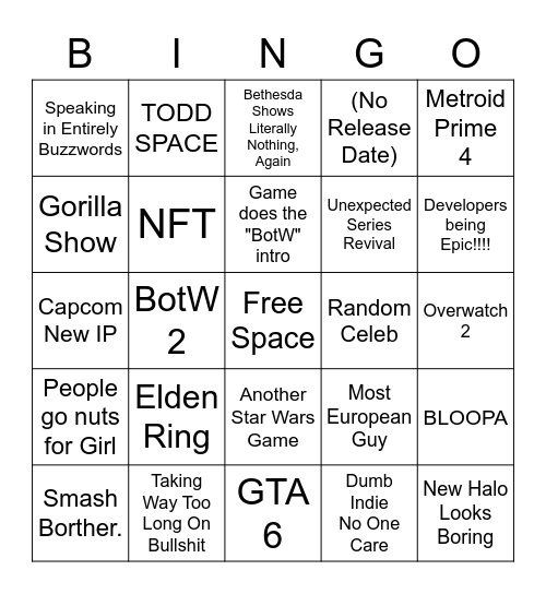 E3 2021 Bingo Card