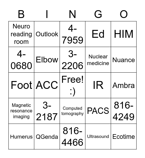 Radiology Bingo Card