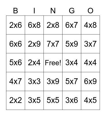 Multiplication Bingo Card