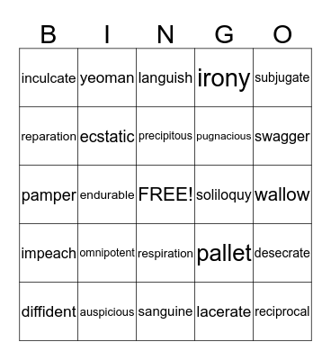 Vocabulary Words Bingo Card