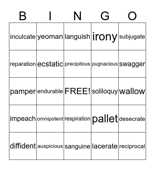 Vocabulary Words Bingo Card