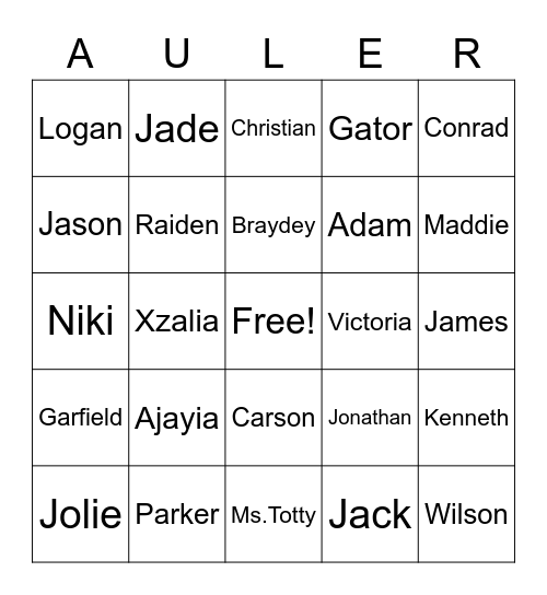 Mrs. Auler's Class Bingo Card