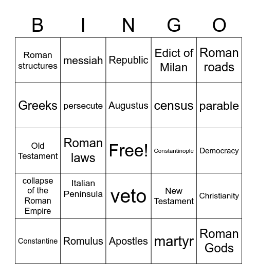 Rome and Christianity Bingo Card