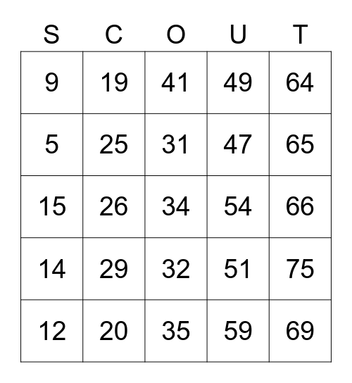 SCOUT Bingo Card