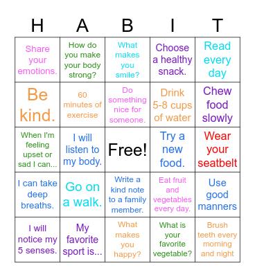 Healthy Habits Bingo Card