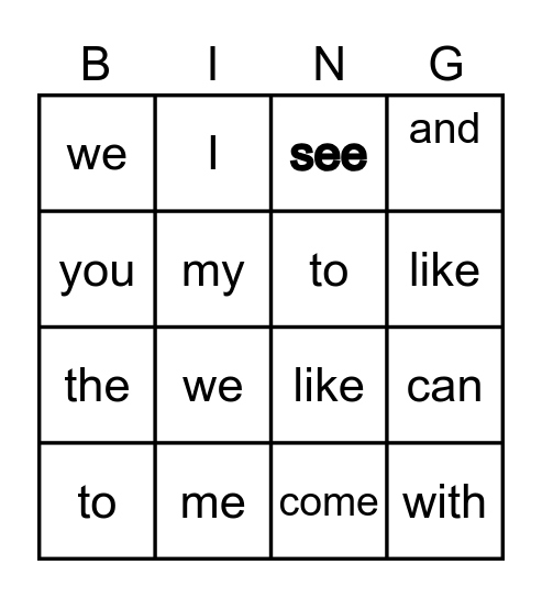 Sight Word Review Bingo Card