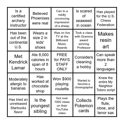 PAYS Summer 2021 People Bingo Card
