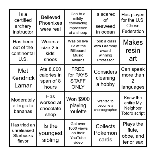 PAYS Summer 2021 People Bingo Card