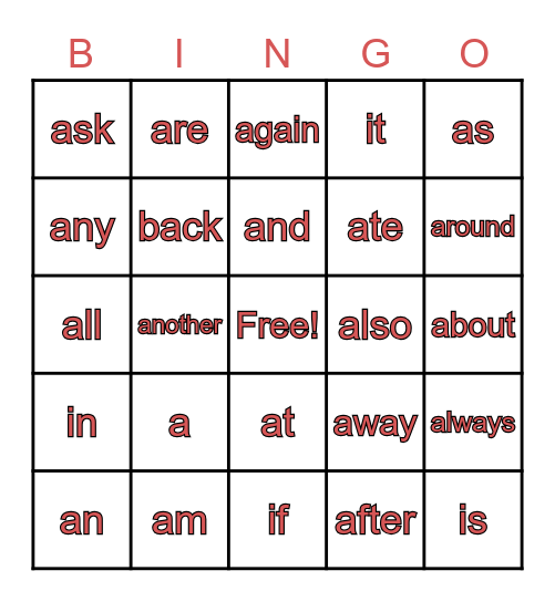 SIGHT WORDS BINGO LIST 1 Bingo Card