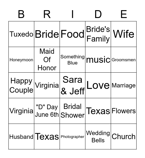 Sara & Jeff Bingo Card