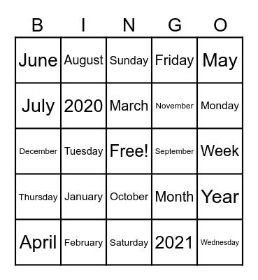 Days/Months Math Bingo Card