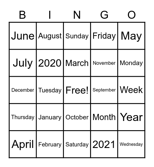 Days/Months Math Bingo Card