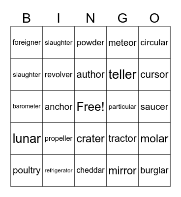 Schwa  vowels sounds Bingo Card