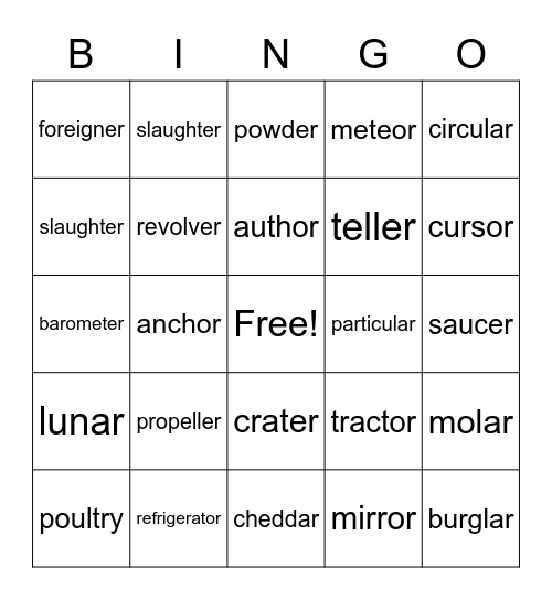 Schwa  vowels sounds Bingo Card