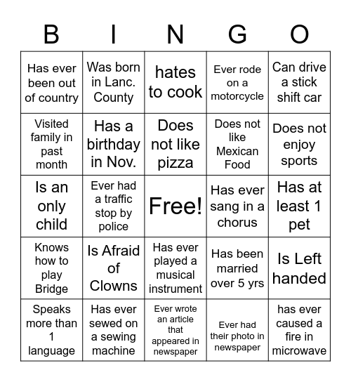 U.M.W. Ladies Summer Picnic  BINGO Card