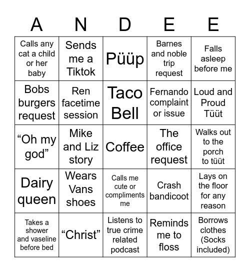 Andee Bingo Card