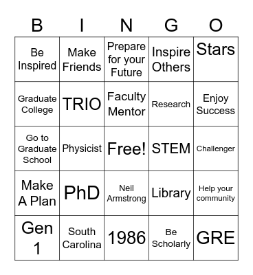 McNair Scholars Bingo Card
